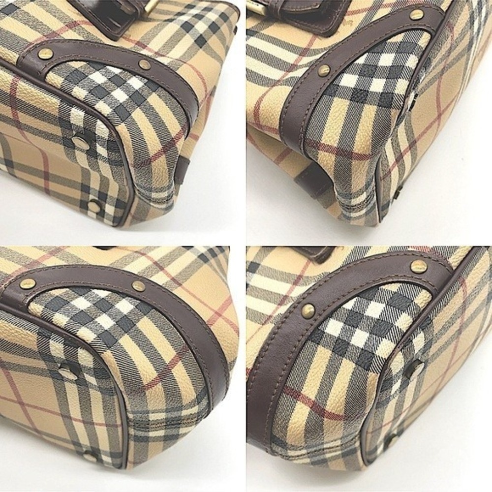 Burberry Brown Leather Harmarket Nova Check Coated Canvas Small Buckle Tote Bag - Picture 6 of 8